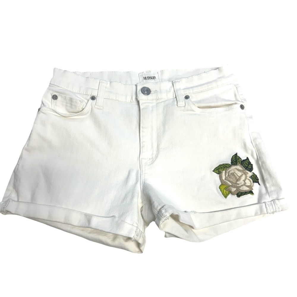 Hudson Asha Midrise Light Cream Floral Embroidered Cuffed Jean Shorts Size 27